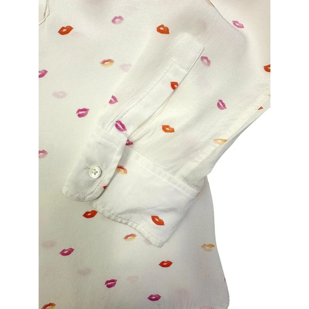 Rails Kate Silk Blouse Ivory Pink Lips Print Button Front Pocket Shirt M